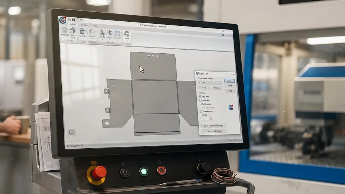 Pantalla de una máquina CNC con una pieza de chapa metálica desplegada en 3D y un cuadro de diálogo para exportar el archivo DXF.